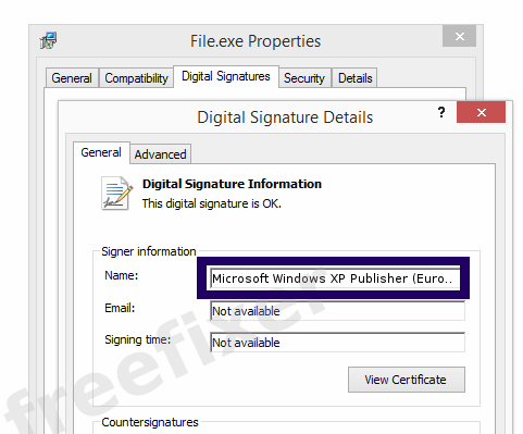 Screenshot of the Microsoft Windows XP Publisher (Europe) certificate